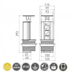 Priză încorporată retractabilă 3 locuri cu împământare 130mm argintiu GTV AE-BPW3GS-80