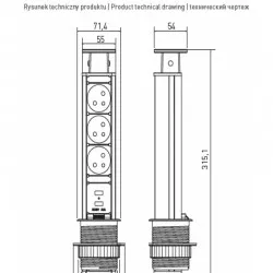 Priză încorporată retractabilă 3 locuri cu împământare 60mm 2XUSB argintiu GTV AE-BPW3S60U-80